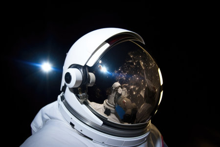 an astronauts helmet reflecting distant stars and planets, created with generative aiの素材