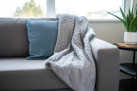 weighted blanket on a calm color couch, created with generative aiの素材