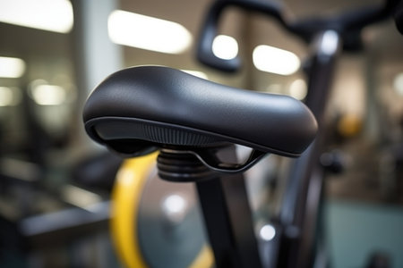 close up of spinning bike saddle in an indoor gym, created with generative aiの素材