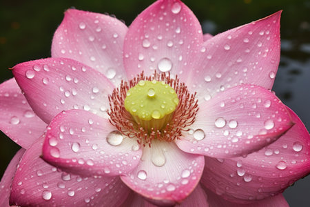 dewdrops on a lotus flower blooming in a temple pond, created with generative aiの素材