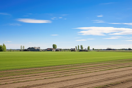 a wide shot of split farm lands, created with generative aiの素材