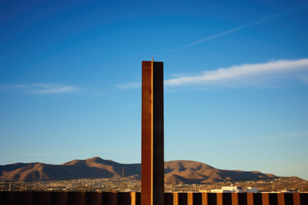minimalist shot of a border sign, skyline in background, created with generative aiの素材