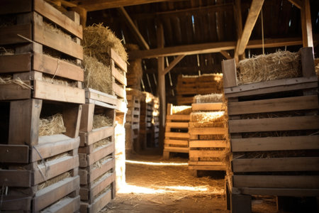 wooden crates stacked in a barn, created with generative aiの素材