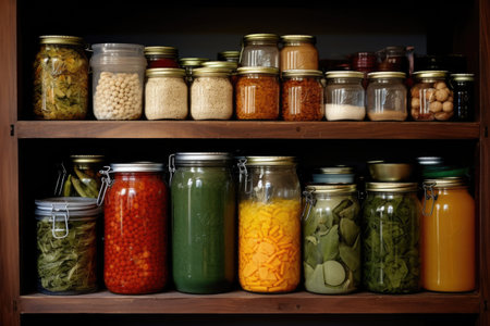 canned food supplies arranged on a shelf, created with generative aiの素材