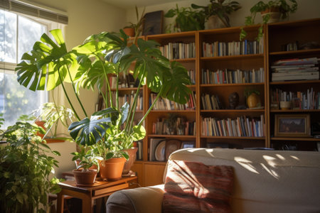 house plant in well-lit, shared living room, created with generative aiの素材