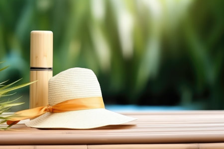 sun cream bottle near bamboo hat, created with generative aiの素材