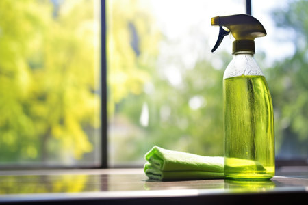 glass cleaner spray on window under direct sunlight, created with generative aiの素材