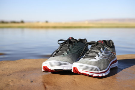 pair of running shoes next to a water bottle, created with generative aiの素材