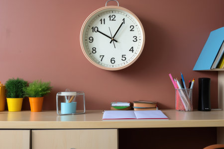 wall clock above a study desk with stationery, created with generative aiの素材