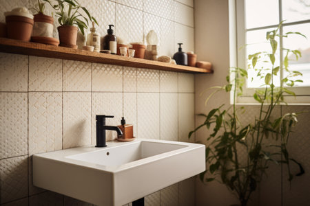 tiled wall with small square tiles in bathroom, created with generative aiの素材
