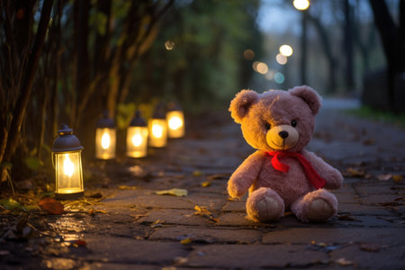 soft toy bear on a park pathway, with the glow of lanterns in the background, created with generative aiの素材