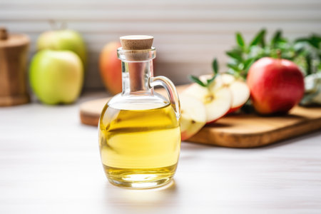 a mason jar filled with apple cider vinegar on a kitchen counter, created with generative aiの素材