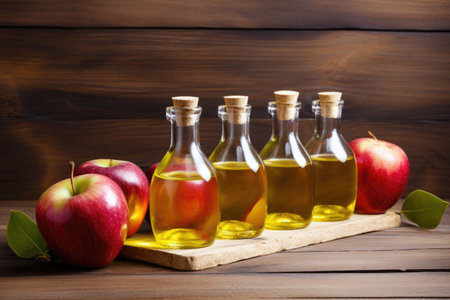 bottles of apple cider vinegar lined up on a rustic wooden shelf, created with generative aiの素材