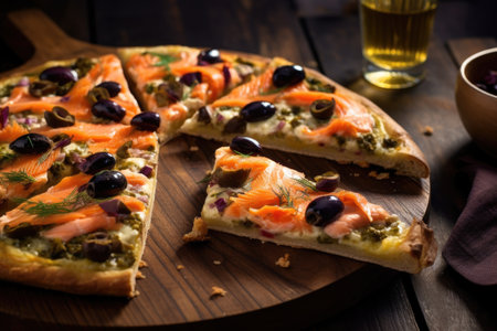 salmon slices on a pizza with olive and capers, created with generative aiの素材