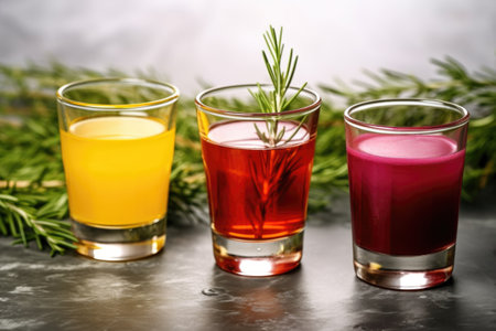 three different glasses filled with beetroot and carrot juice, created with generative aiの素材