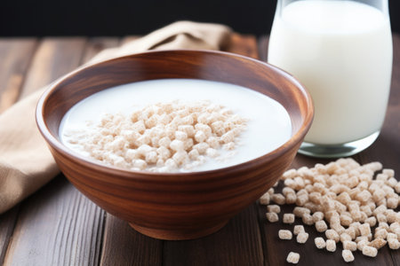 a bowl of cereal soaked in cold milk, created with generative aiの素材