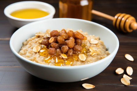 hot oatmeal topped with raisins and honey, created with generative aiの素材