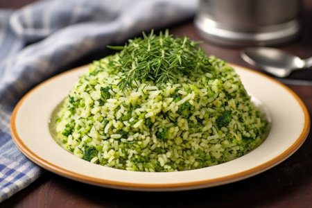 broccoli rice garnished with a sprig of thyme, created with generative aiの素材