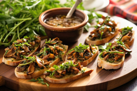platter with mushroom and arugula bruschetta next to a wooden spoon, created with generative aiの素材