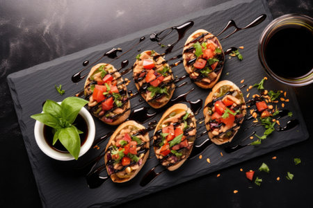 bruschetta with dripping balsamic glaze on a stone plate, overhead view, created with generative aiの素材