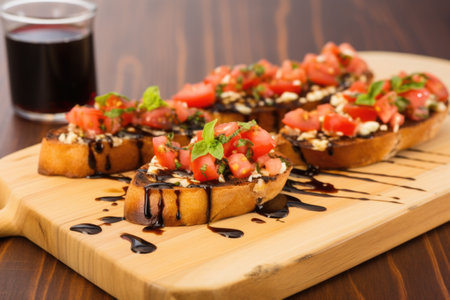 bruschetta topped with red tomatoes and shiny balsamic glaze on a wooden board, created with generative aiの素材