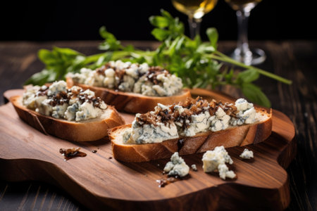 bruschetta with crumbled blue cheese and truffle oil, created with generative aiの素材