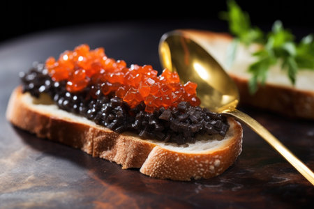 a spoonful of caviar atop a nicely toasted bruschetta slice, created with generative aiの素材