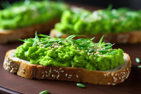 bright green edamame beans on crusty baguette slices, created with generative aiの素材