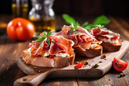 close-up of prosciutto bruschetta on a rustic wooden table, created with generative aiの素材