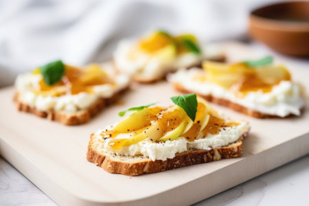pear bruschetta with a cheese spread on white toast, created with generative aiの素材