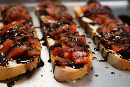 messy toasted bruschetta generously coated with truffle oil, created with generative aiの素材