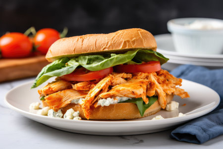 buffalo chicken sandwich with lettuce and tomatoes, created with generative aiの素材