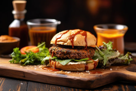 vegetarian burger with pumpkin patty, greens and sauce, created with generative aiの素材