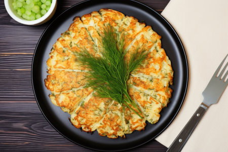 top view of cauliflower steak with dill flakes, created with generative aiの素材