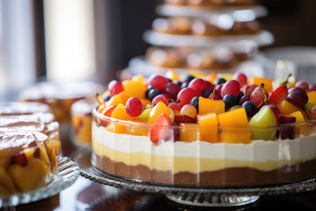 fruit topped cheesecake on a buffet, created with generative aiの素材