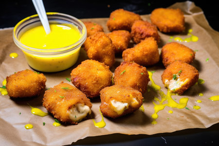 nuggets and a dab of mustard sauce on wax paper, created with generative aiの素材