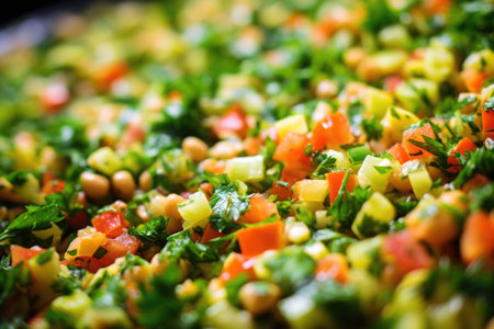 macro shot of chickpea salad featuring parsley garnish, created with generative aiの素材