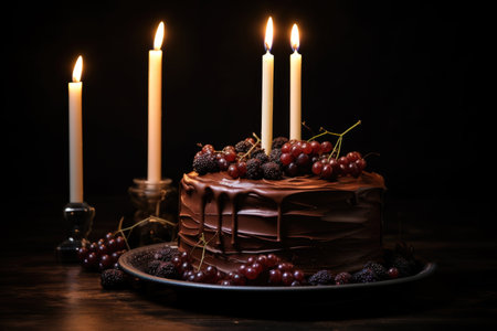 chocolate cake with a candle lit on a dark background, created with generative aiの素材