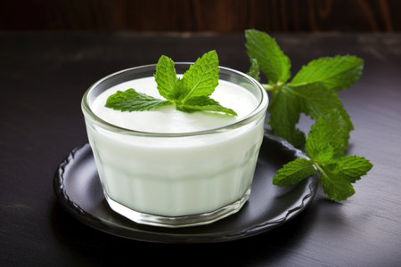 traditional greek-style coconut yogurt with a mint leaf, created with generative aiの素材