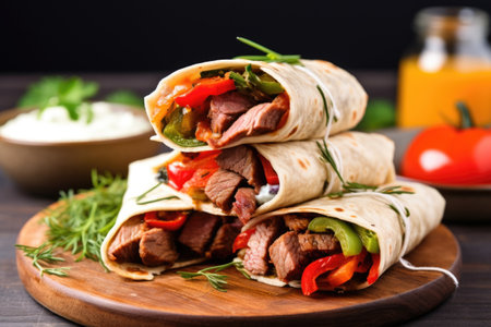 rolled fajitas served with sour cream on top, created with generative aiの素材