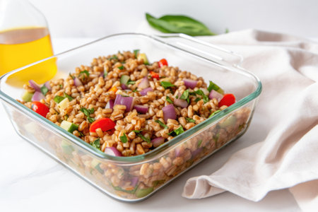 farro salad in a square glass dish on a marble countertop, created with generative aiの素材