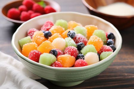 melon balls and berries salad in a ceramic white bowl, created with generative aiの素材