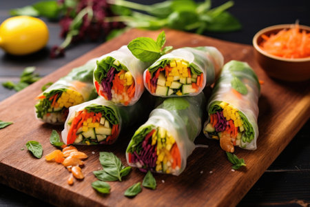 fresh spring rolls broken open, revealing a crisp and colorful interior, created with generative aiの素材