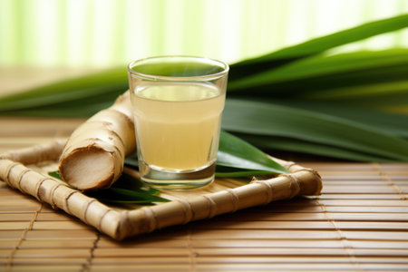 a ginger shot sitting on a bamboo mat, created with generative aiの素材