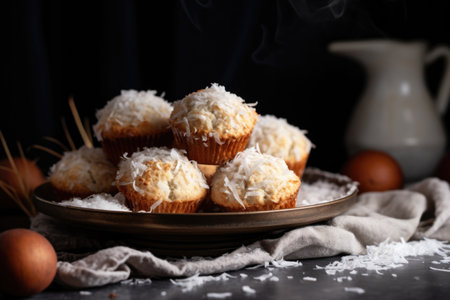 gluten-free coconut muffins in a low-light setting, created with generative aiの素材