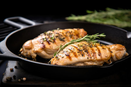 chicken grilled on a black skillet with thyme sprigs, created with generative aiの素材