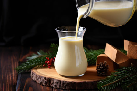 eggnog poured from a glass jug on a wooden table, created with generative aiの素材