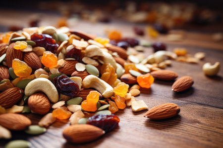 a scattered trail mix focused on pieces of dried apricots, created with generative aiの素材