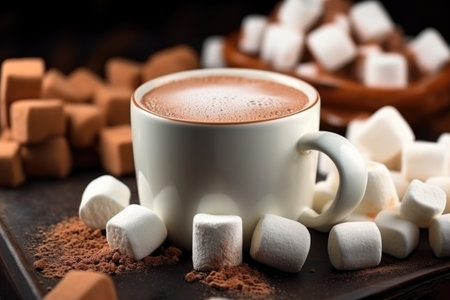 macro shot of marshmallows floating in hot chocolate, created with generative aiの素材