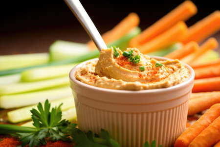 closeup of a spoonful of hummus with vegetable sticks around, created with generative aiの素材